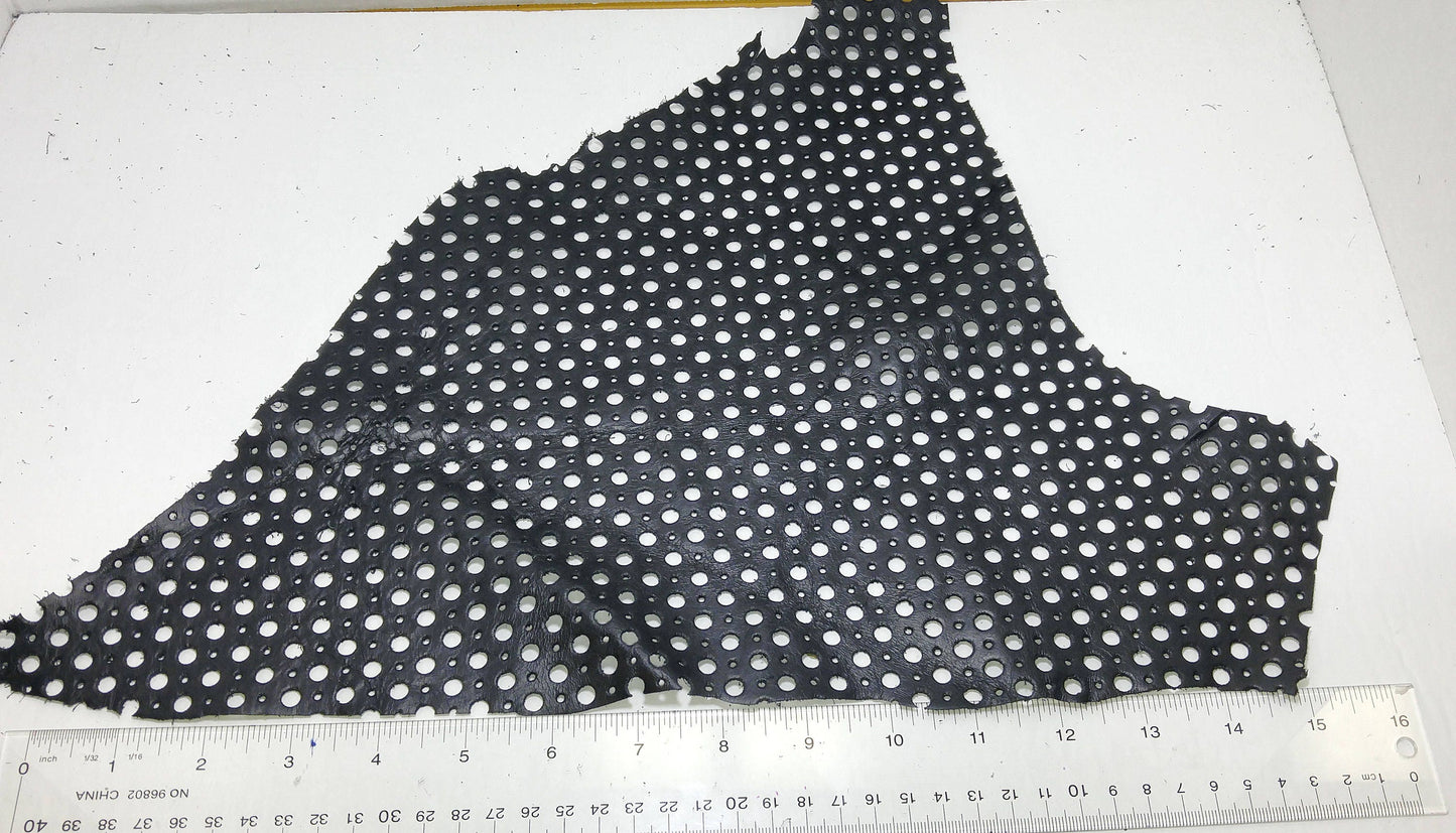 Shiny Black Cowhide Perforated Leather Piece 4P1- leather scraps; eco friendly; scrapbooking; crafting 17012018-4P1-6