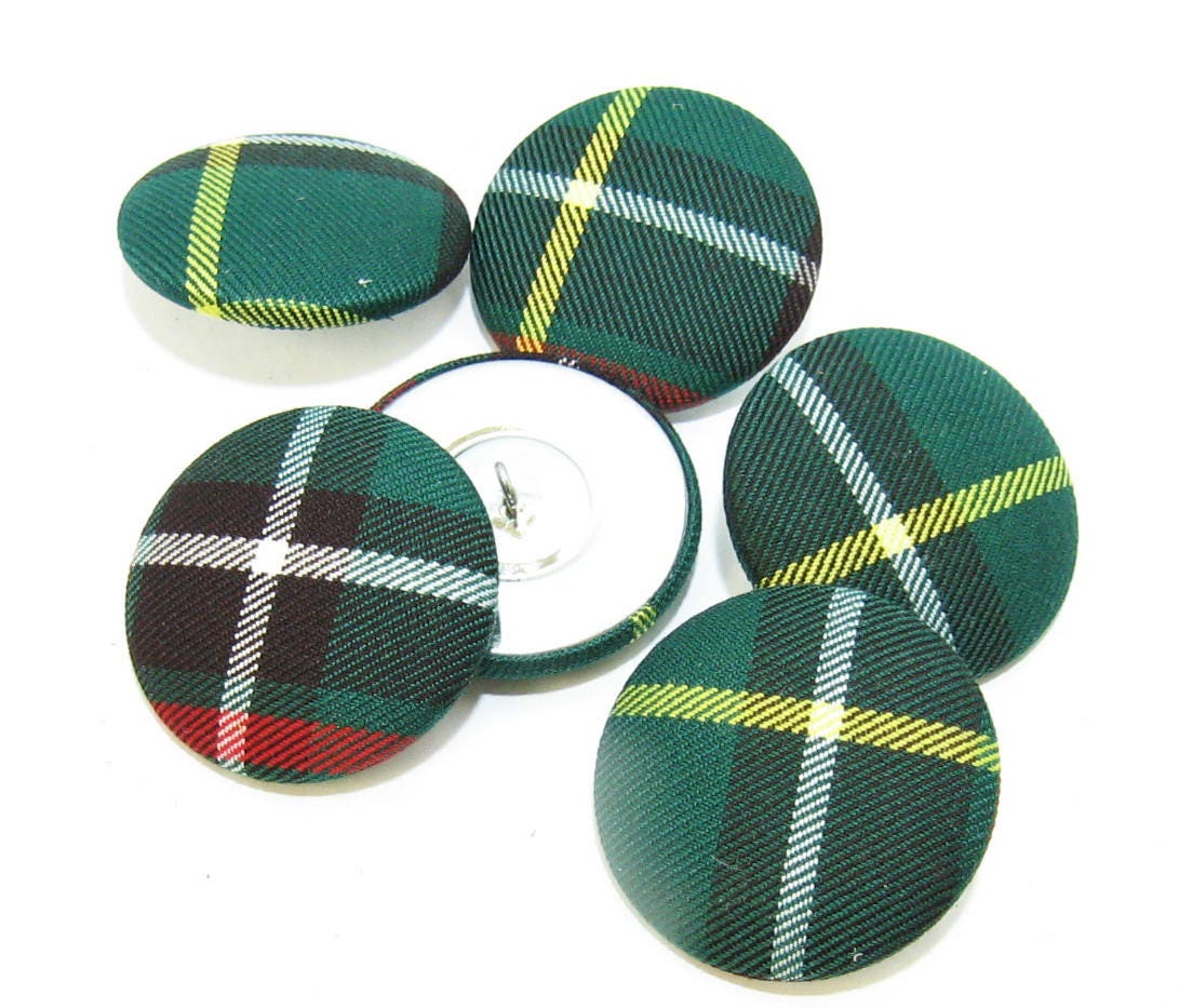 Various Sizes - Pack of Covered Hopper Back Buttons in Tartan - Plaid; green; yellow; red; white; black