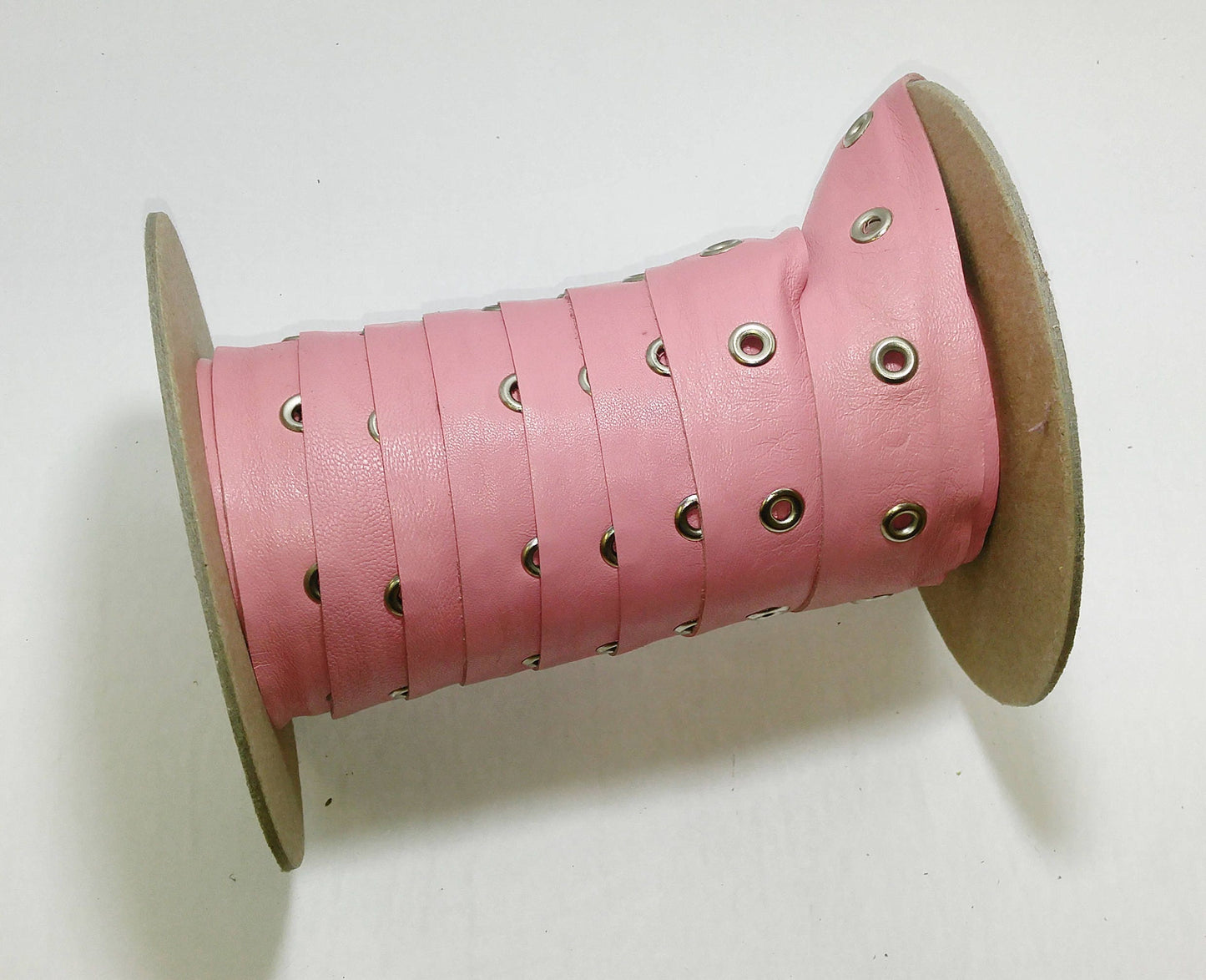 1-1/2" Pink Cowhide Leather Trim Tape with Silver Eyelet Decoration and Reinforced Backing (1 yard) in Bubble Gum Pink