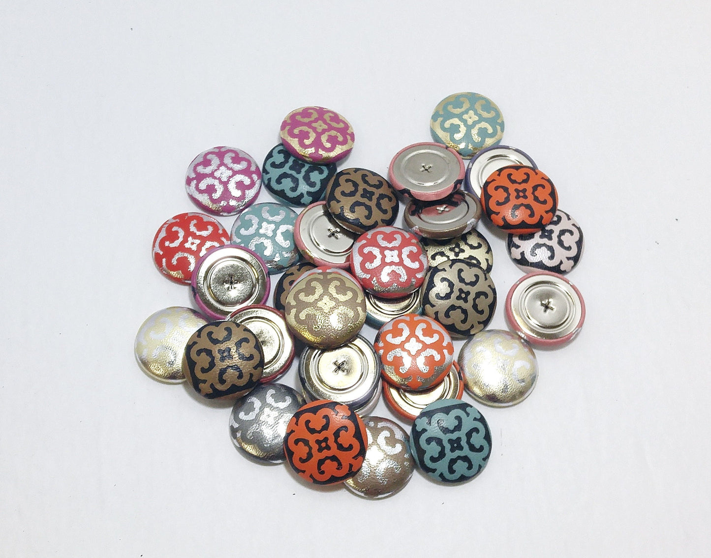 34 Lamb Leather Covered Buttons 45 line with Foil Print Random Color Assortment Pivot Back; crafters; scrapbooking; arts and crafts;