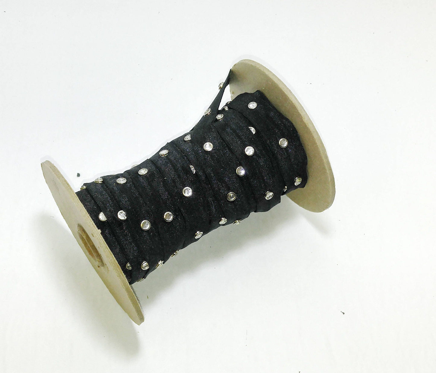 1/2" Flat Black Elastic Trim Tape with Silver Jewelled Nailheads (1 yd) OOAK; decorative trim; sewing; crafting; decoration; fashion trim