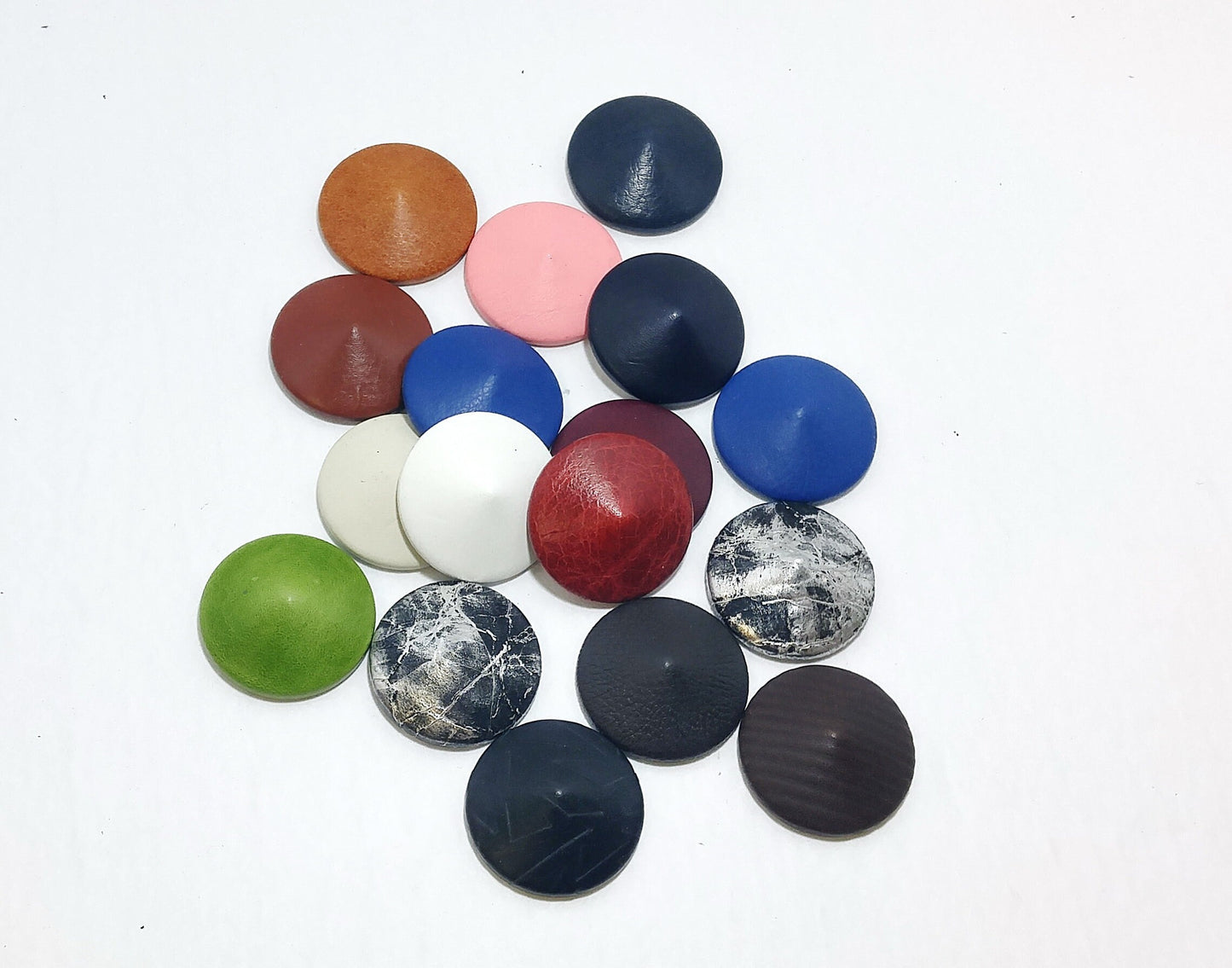 17 Cowhide Leather Covered Buttons 60 Line Pine, RANDOM Color Assortment Pivot Back; crafters; scrapbooking; arts and crafts; pointed top