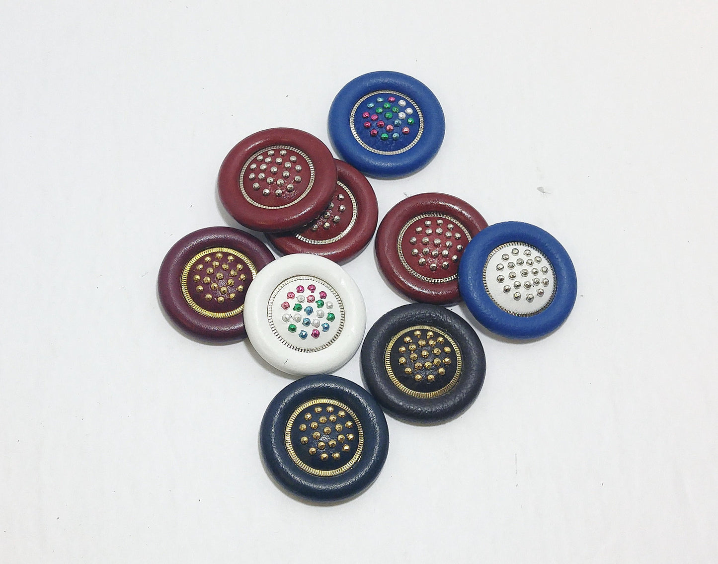 9 Cowhide Leather Covered Buttons 60 Line CB-60 with rings , RANDOM Color Assortment Pivot Back; crafters; scrapbooking; arts and crafts;