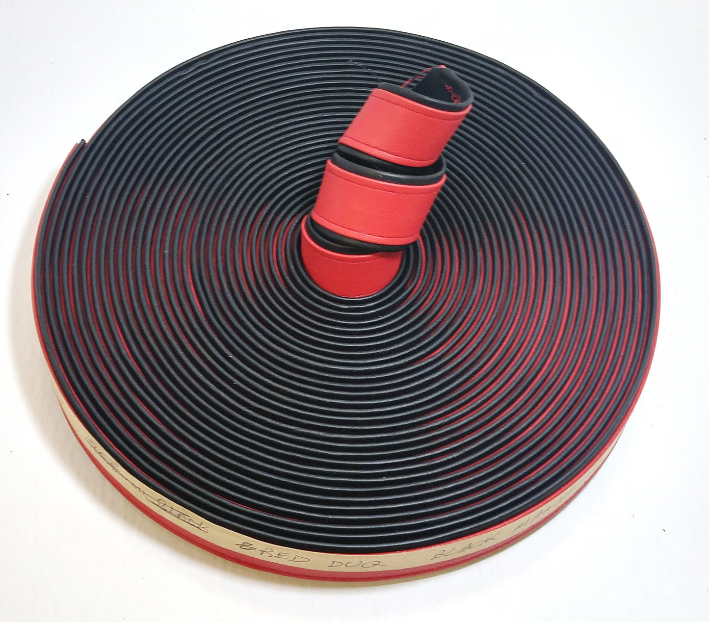 1-1/4" Genuine Cowhide Leather Strap -Two Layers - Double-folded & Reinforced in Red Duquesa on Black Manhattan (36"/1 YD) 3591XDB