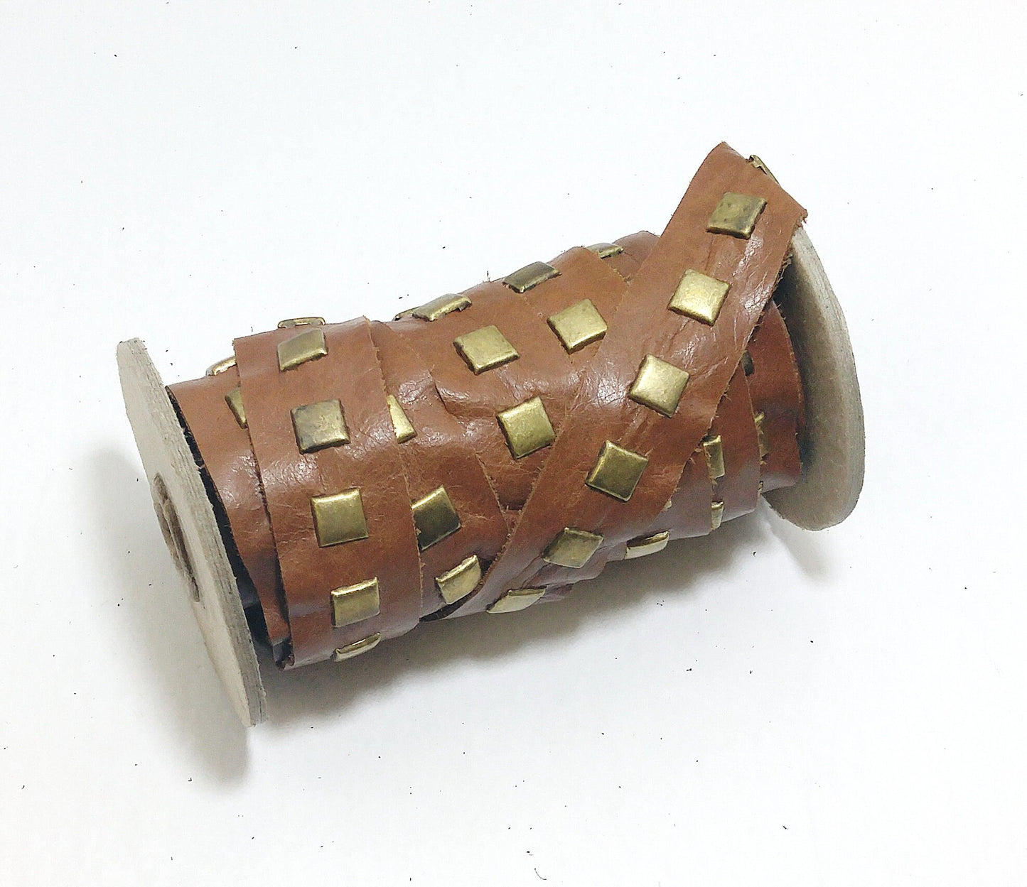 Cowhide Leather Fancy Trim 1" Flat in Corral Brown with Square Nailheads (1 yard) 3725XDB - leather trim; top stitch; leather decoration