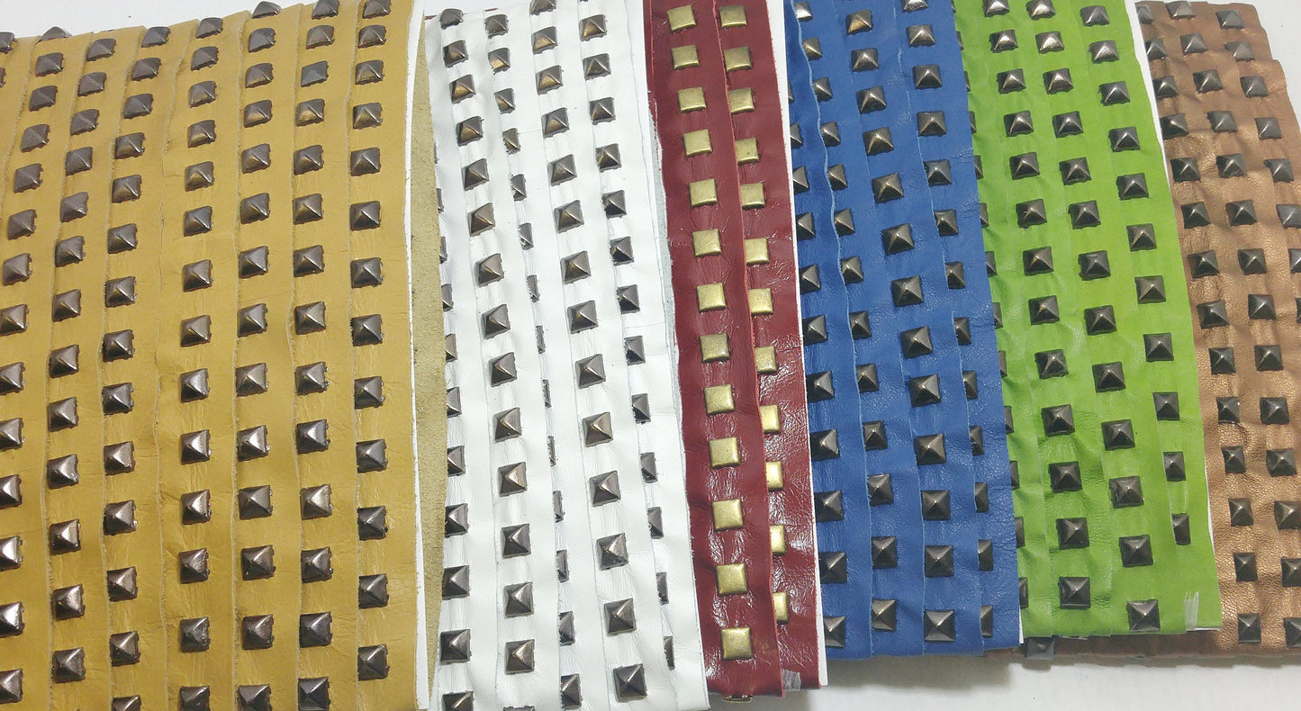 Decorative Leather Tape 1 YD of 1" wide Genuine Cowhide Leather Trim with Square Pyramid Nailheads edge binding; Corral Beige 3725XDB