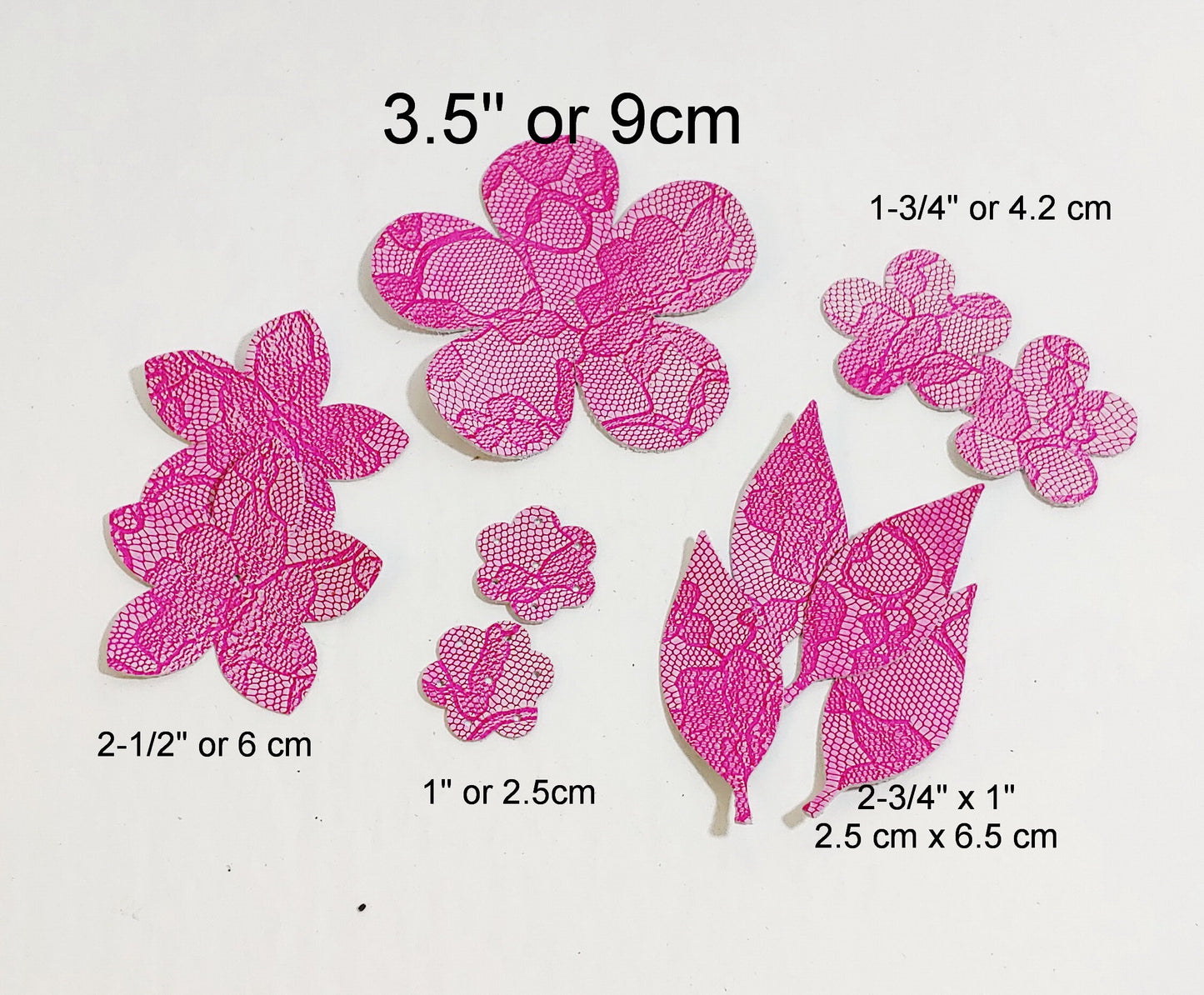 Leather Die Cut Assorted Flower and Leaf Shapes in Hot Pink Lace Print calf suede (13 pcs)