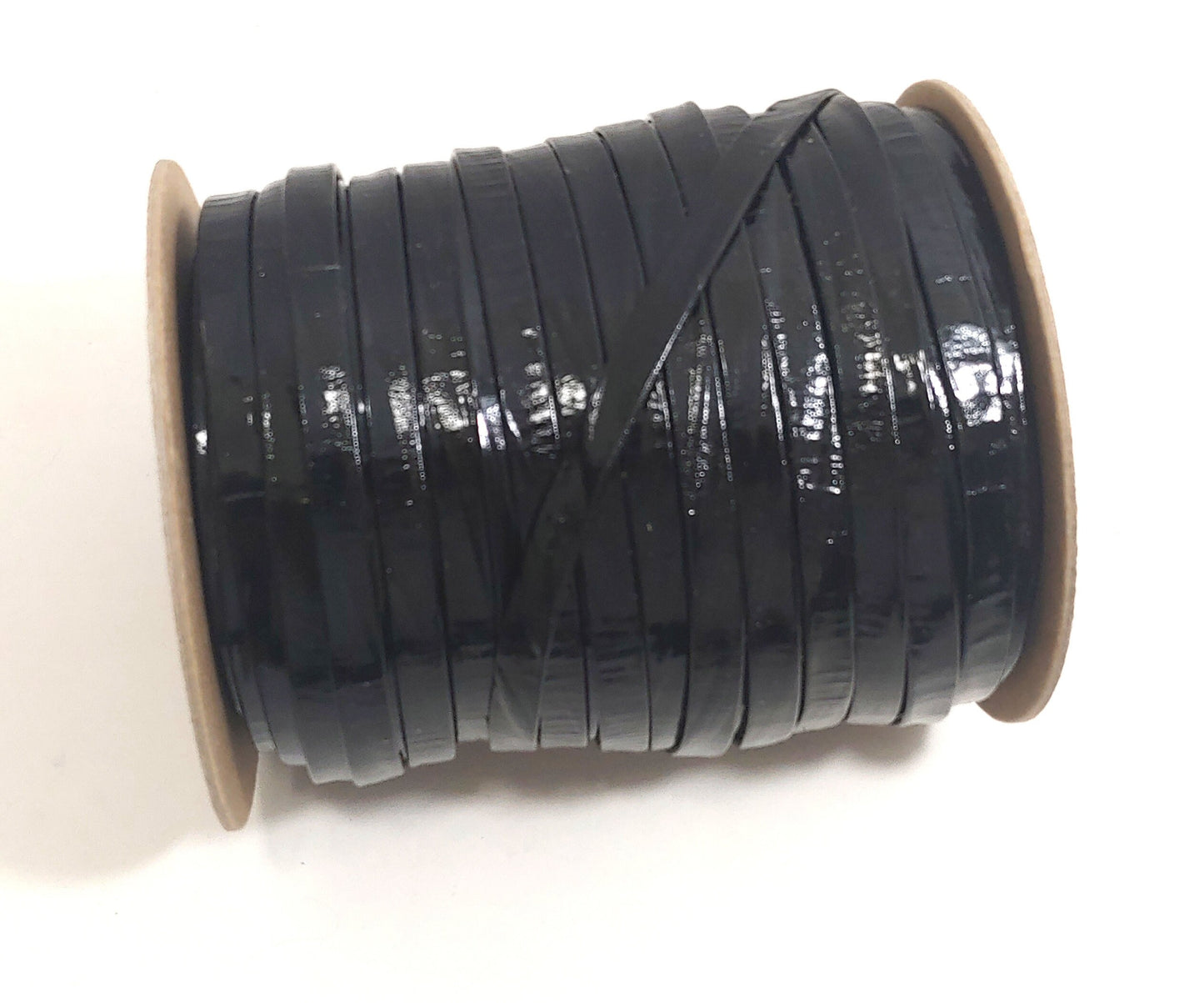 7/16" wide vegan Leather Lacing in Black Crinkle Patent (10 yds) 0437HU Double-Folded OFF CENTER FOLD