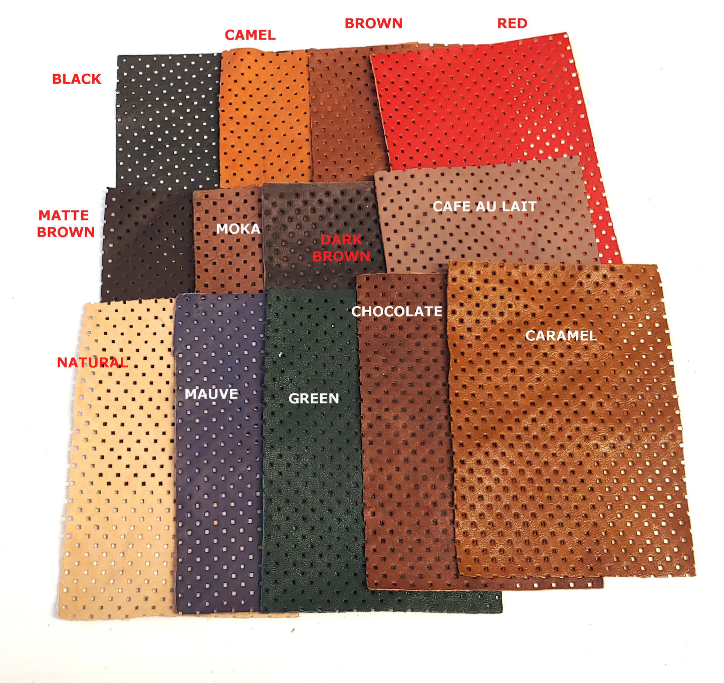 5"x7" SQUARE HOLES Perforated Cowhide Leather Pieces in various colors - leather scraps; eco friendly; scrapbooking; crafting