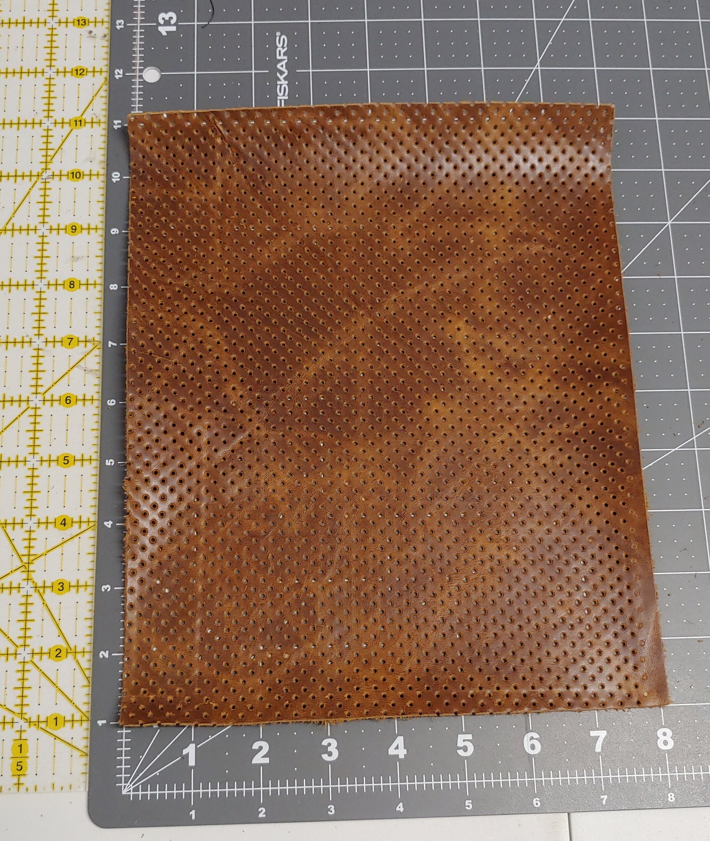 Cognac Perforated Leather Die Cut Rectangles in Genuine Cowhide Leather - brown, tan - choose your size