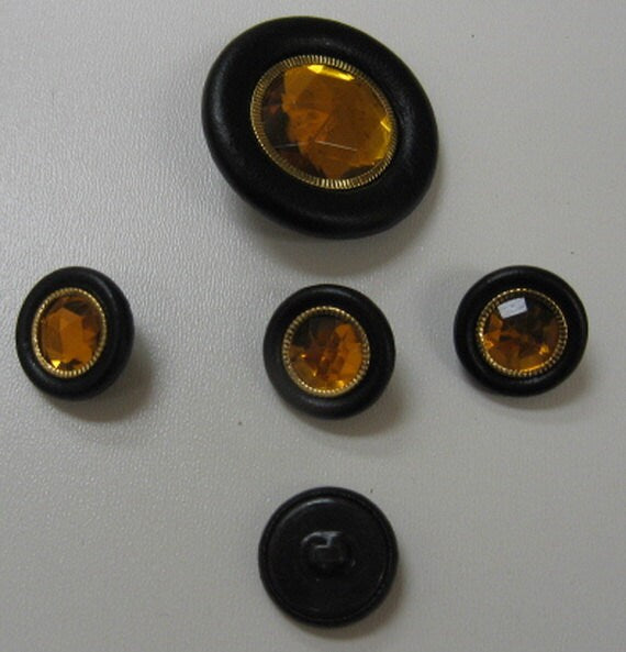Leather Covered Buttons with Jewel and Gilt-Plated Ring Insert (set of 5)