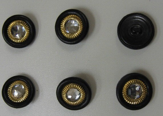 Black Leather Covered Buttons with Jewel Center (36 line) 7/8" 6 pcs
