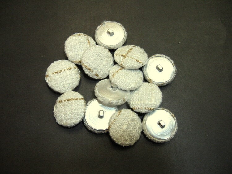 45 Line Fabric Covered, Hopper Back Buttons in White with Gold Accents (10PC)