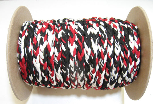 3/8" 3 Strand Stretch Knit Braid in Black, White, and Red (5YDS) 187BR3