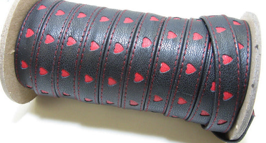 1/2" Two Tone Leather Cowhide Stripping, Stitched, Black Silk Heart Perforated with Red Inlay (2 yards) 3718XDA