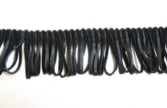 Genuine Leather Looped Fringe 1/8" flat x 2". QTY: 1 Foot (12") LF2500125DB Black Lamb Touch