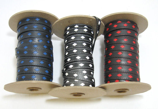 1/2" Two Tone Leather Cowhide Stripping, Stitched, Black Diamond Perforated with Red, White, or Blue Inlay (1 yard) 3735XD9