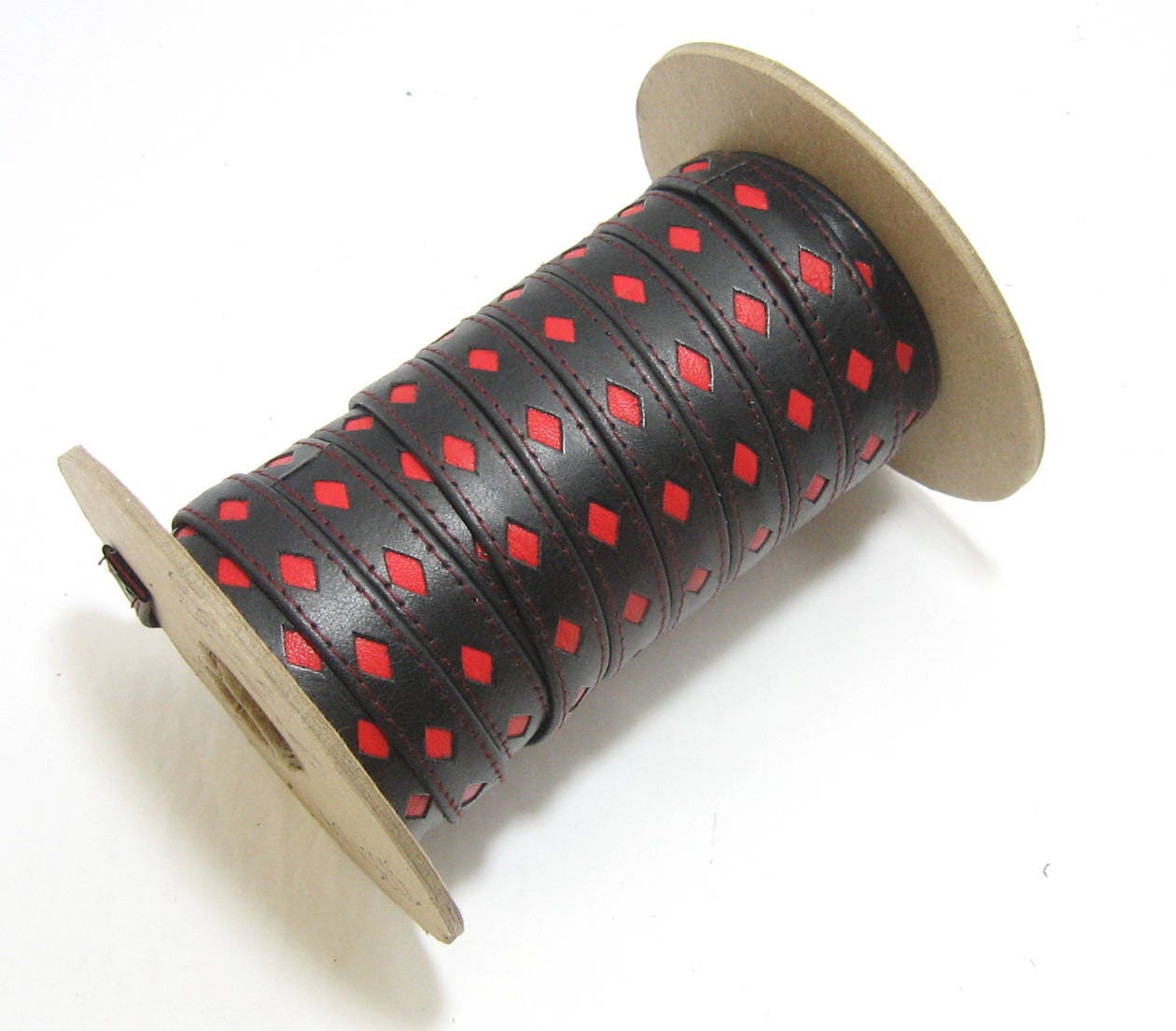 1/2" Two Tone Leather Cowhide Stripping, Stitched, Black Diamond Perforated with Red, White, or Blue Inlay (1 yard) 3735XD9
