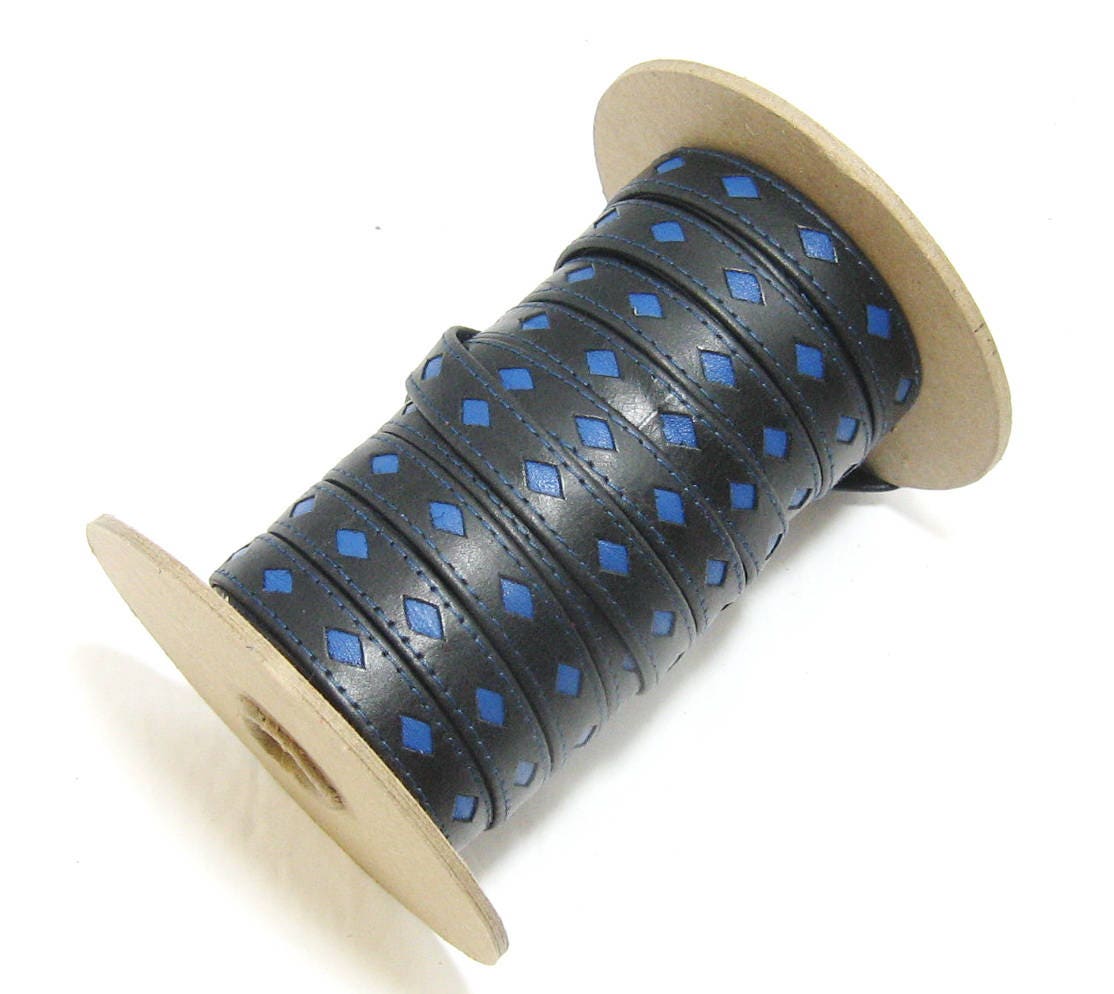 1/2" Two Tone Leather Cowhide Stripping, Stitched, Black Diamond Perforated with Red, White, or Blue Inlay (1 yard) 3735XD9