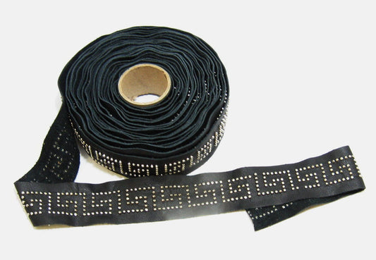 1-1/2" Wide Genuine Cowhide Leather Flat Stripping in Black with Silver Nailhead Greek Key Motif (1 foot) 3742XD9 leather crafts; trim tape