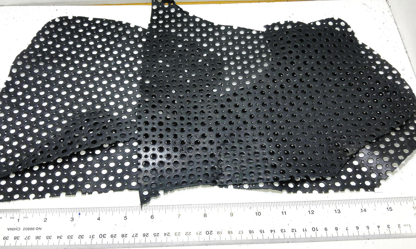 Shiny Black Cowhide Perforated Leather Pieces 4P1- leather scraps; eco friendly; scrapbooking; crafting 17012018-4P1-22