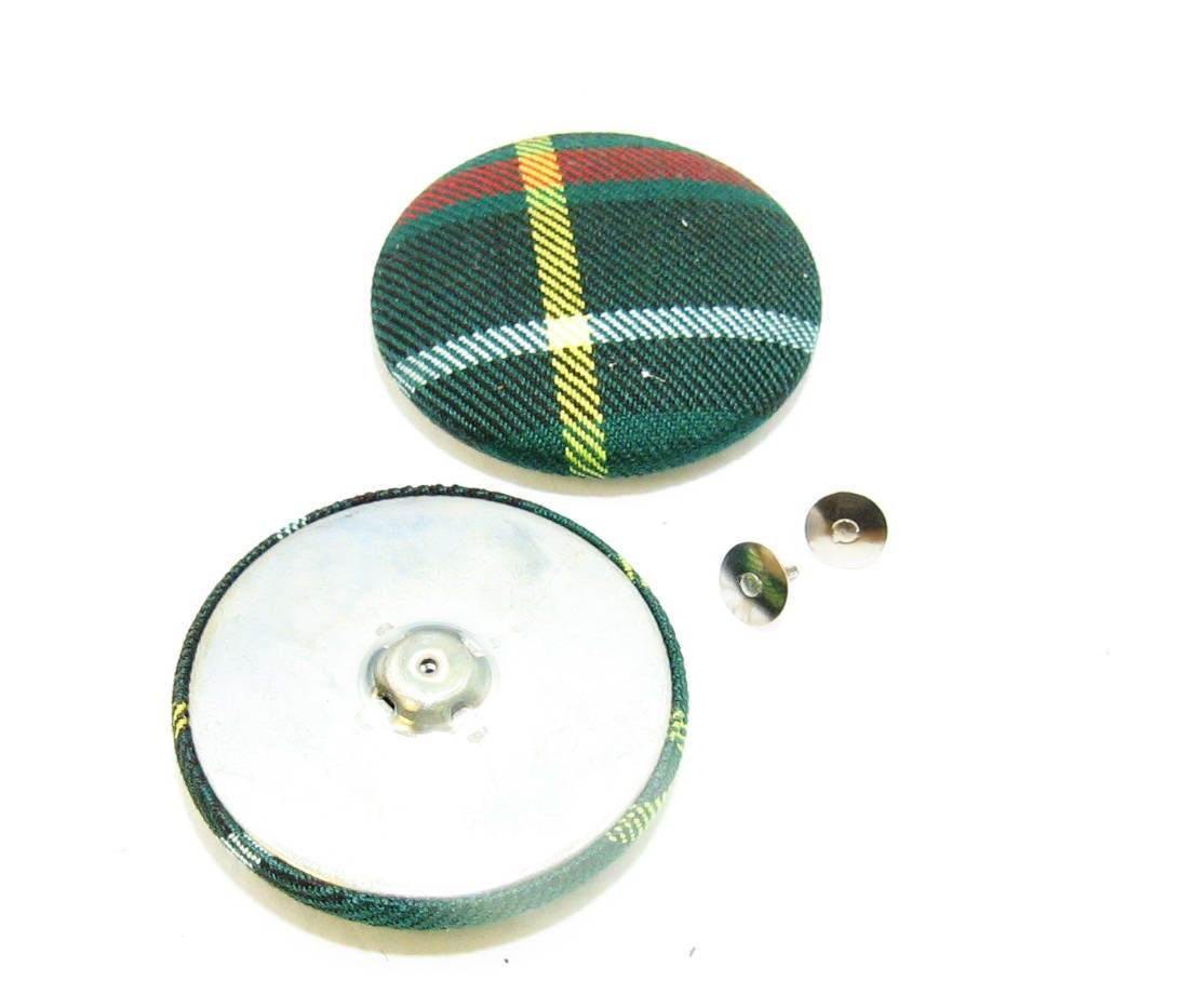 Set of Two (2) 80 Line Covered Flat/Tack Buttons in Tartan - Plaid; green; yellow; red; white; black 51 mm