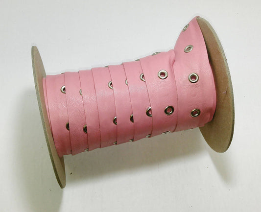 1-1/2" Pink Cowhide Leather Trim Tape with Silver Eyelet Decoration and Reinforced Backing (1 yard) in Bubble Gum Pink