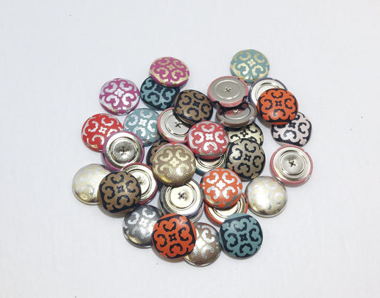 34 Lamb Leather Covered Buttons 45 line with Foil Print Random Color Assortment Pivot Back; crafters; scrapbooking; arts and crafts;