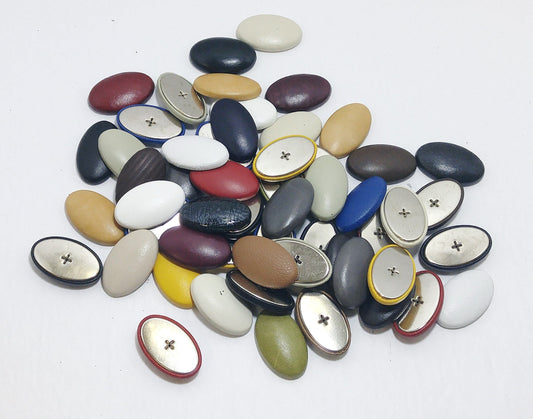 10 Cowhide Leather Covered  Buttons O60 Oval Shaped Pivot Back , Random Color Assortment; crafters; scrapbooking; arts and crafts; HALF BALL