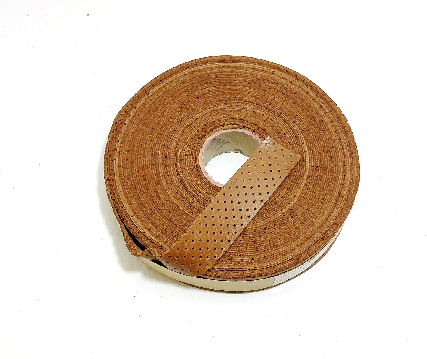 1" Flat, PERFORATED Cowhide Leather Binding in London Tan (2 YDS) 1000NDB3P1 edge binding; perforation; 3P1; trim tape; sewing; crafting