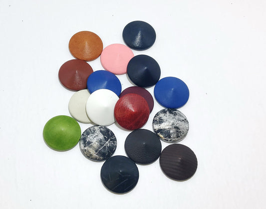 17 Cowhide Leather Covered  Buttons 60 Line Pine, RANDOM Color Assortment Pivot Back; crafters; scrapbooking; arts and crafts; pointed top