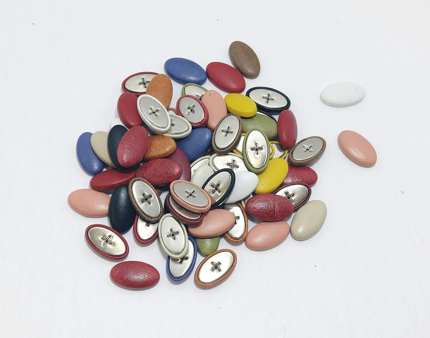 Lot of 10, Assorted Oval Shaped Pivot Back Leather Covered Buttons 2cm long; crafters; scrapbooking; arts and crafts; 038 in various colors