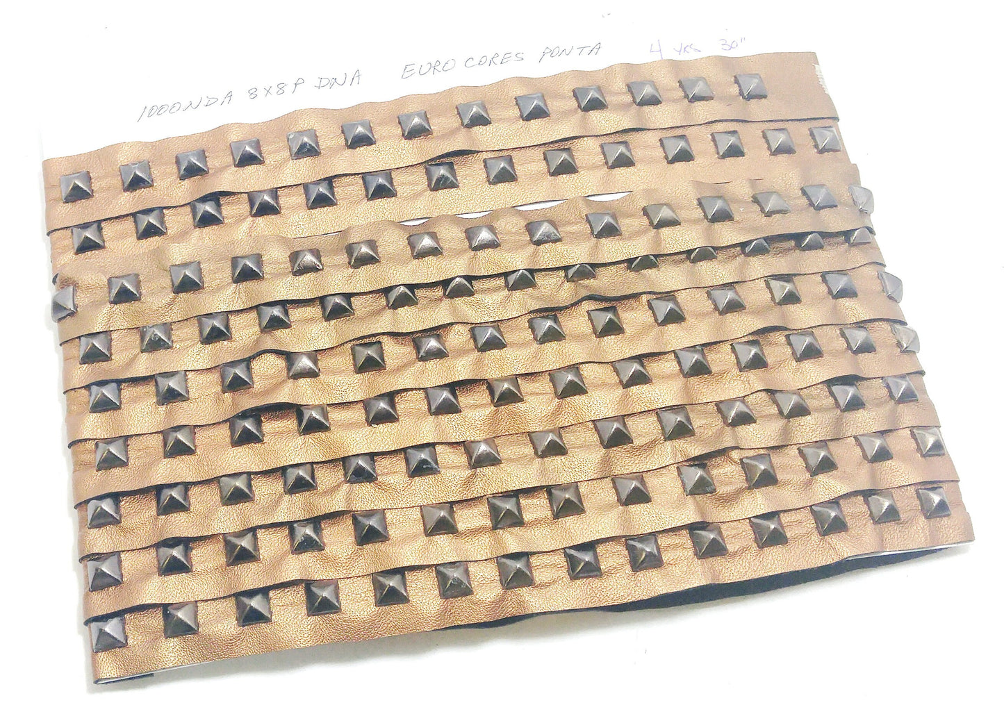 1 YD of 1" wide Genuine Cowhide Leather Trim with Square Pyramid Nailheads edge binding; top stitch; Euro Cores Ponta Bronze 3725XDA