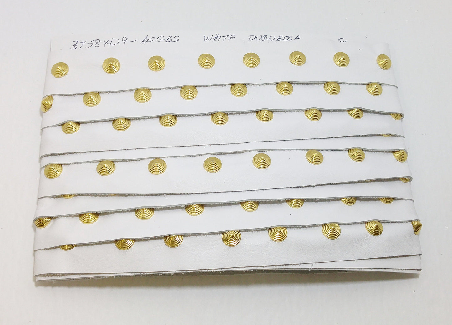 1 YD of 1-1/2" wide Genuine Cowhide Leather Trim Tape with Gold Brass Spiral Nailheads edge binding; top stitch; White Duquessa 3758XD9