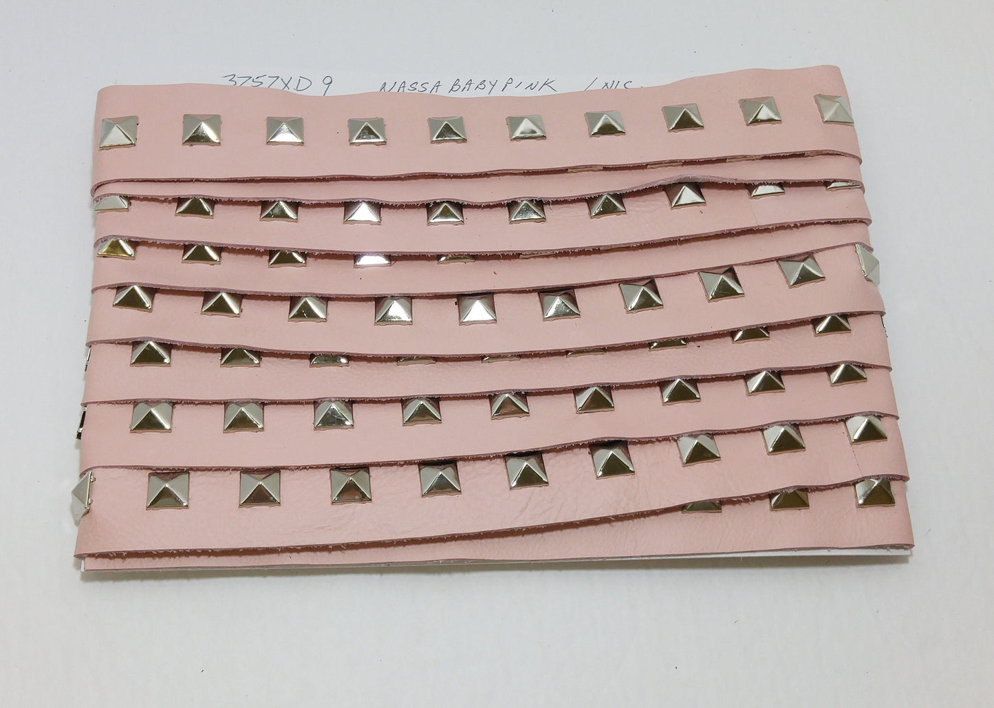 1 YD of 1-1/2" wide Genuine Cowhide Leather Trim Tape with Silver Square Pyramid Nailheads edge binding; top stitch; nassa baby Pink 3757XD9