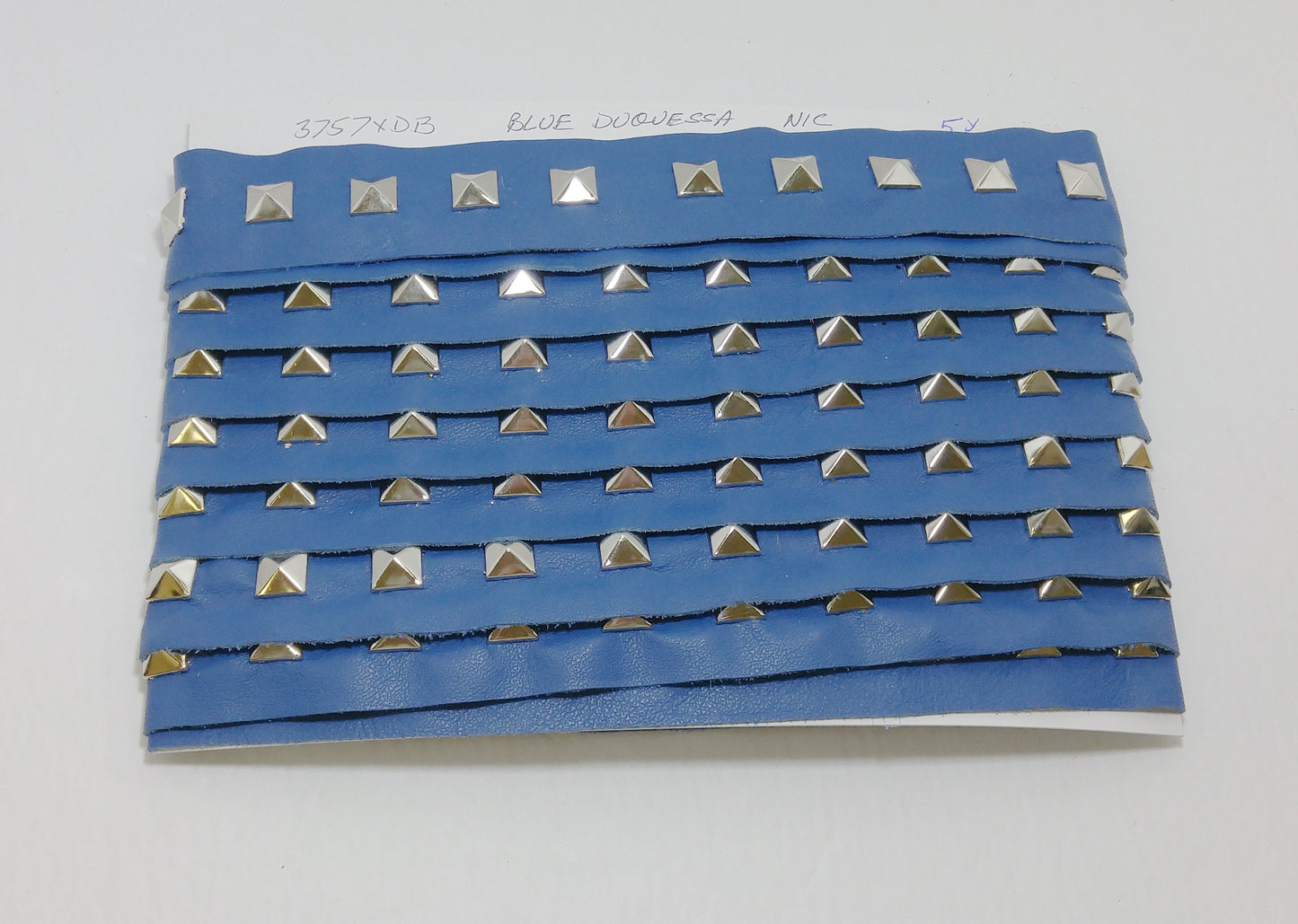 1 YD of 1-1/2" wide Genuine Cowhide Leather Trim Tape with Silver Square Pyramid Nailheads edge binding; top stitch; Blue Duquessa 3757XDB