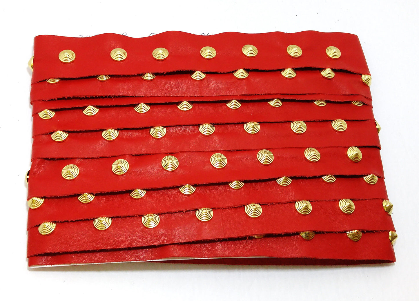 1 YD of 1-1/2" wide Genuine Cowhide Leather Trim Tape with Gold Brass Spiral Nailheads edge binding; top stitch; Fire Red Climax 3758XD9
