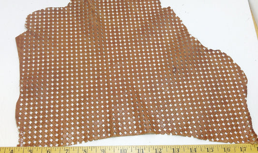 LARGE Perforated Cowhide Genuine Leather Piece 4P14 - Arizona Cognac - leather scraps; eco friendly; scrapbooking; crafting; leather working