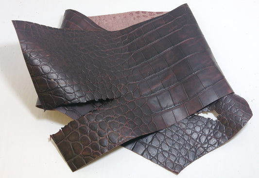 31" x 6" Cowhide Leather Scraps, Burgundy Croc Print - Small/med pieces - Good for Crafting - hard texture