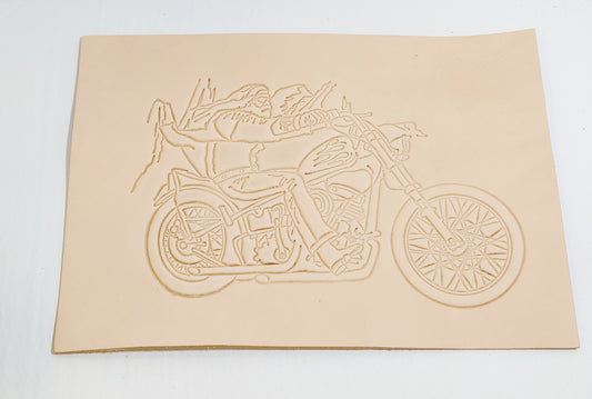 Natural Veg Tan Motorcycle and Rider Leather Piece Ready to Paint & Frame 5 oz. 9-1/2" x 13-1/2" - Route 66; hog; desert rider; motorbike