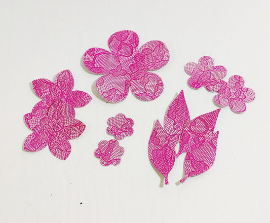 Leather Die Cut Assorted Flower and Leaf Shapes in Hot Pink Lace Print calf suede (13 pcs)