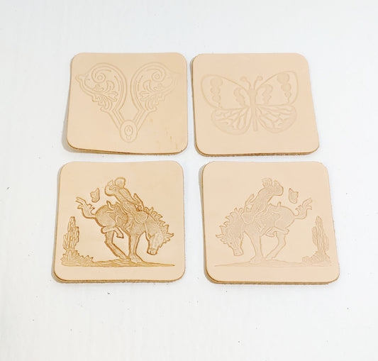 Natural Veg Tan Rounded Square Leather Pieces 3-1/2" x 3-1/2" - Horse and Rider, Butterfly, Filigree Ready to Paint or Stain - 5 oz.