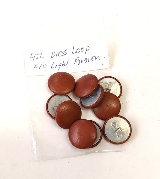 45 Line Cowhide Covered Dress Loop Back Buttons in Light Brown Leather 10PCS.