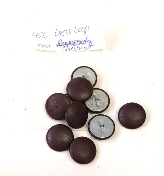 45 Line Cowhide Covered Dress Loop Back Buttons in Chestnut Leather 10PCS. Dark Brown