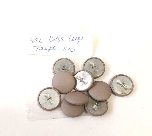 45 Line Cowhide Covered Dress Loop Back Buttons in Taupe Leather 10PCS. Gray beige