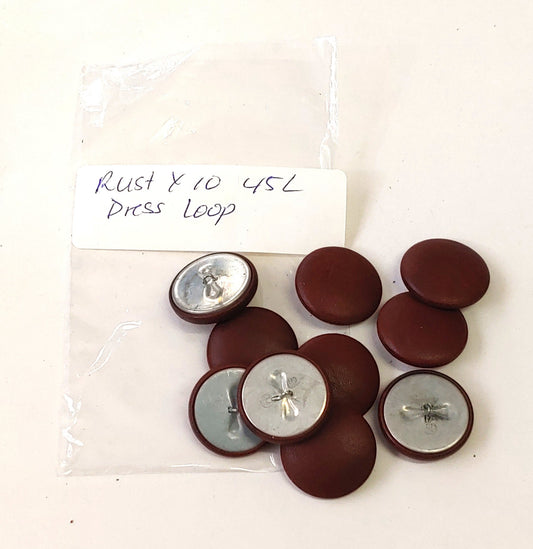 45 Line Cowhide Covered Dress Loop Back Buttons in Rust Leather 10PCS. Reddish Brown