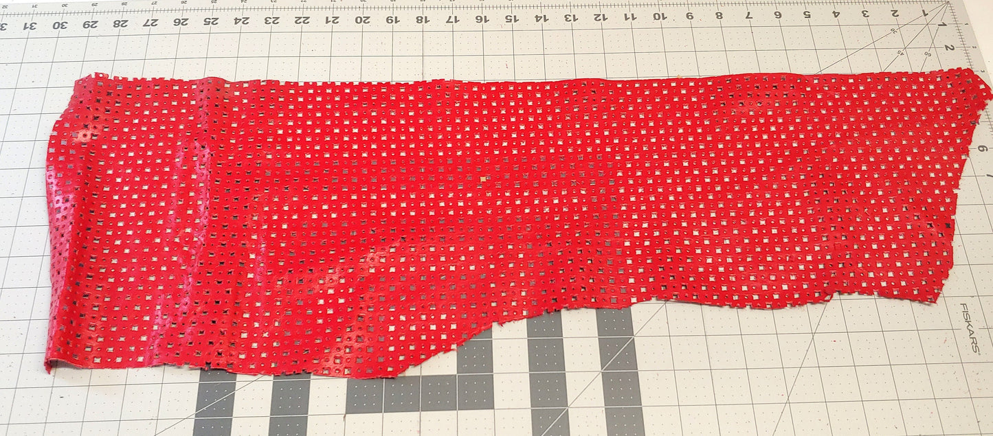 Perforated Cowhide Genuine Leather Piece 4P7 - Red #1 - leather scraps; eco friendly; scrapbooking;