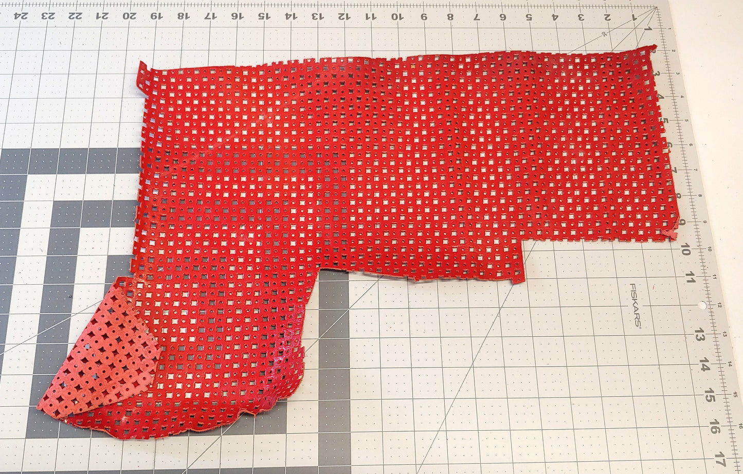 Perforated Cowhide Genuine Leather Piece 4P7 - Shiny Red - leather scraps; eco friendly; scrapbooking;
