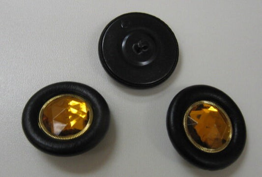 Black Leather-Covered Buttons with Jewel and Beaded Metal Center (60 line) Bag of 3