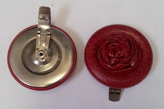 Red Leather Button Shoe Clips with Rosette Center